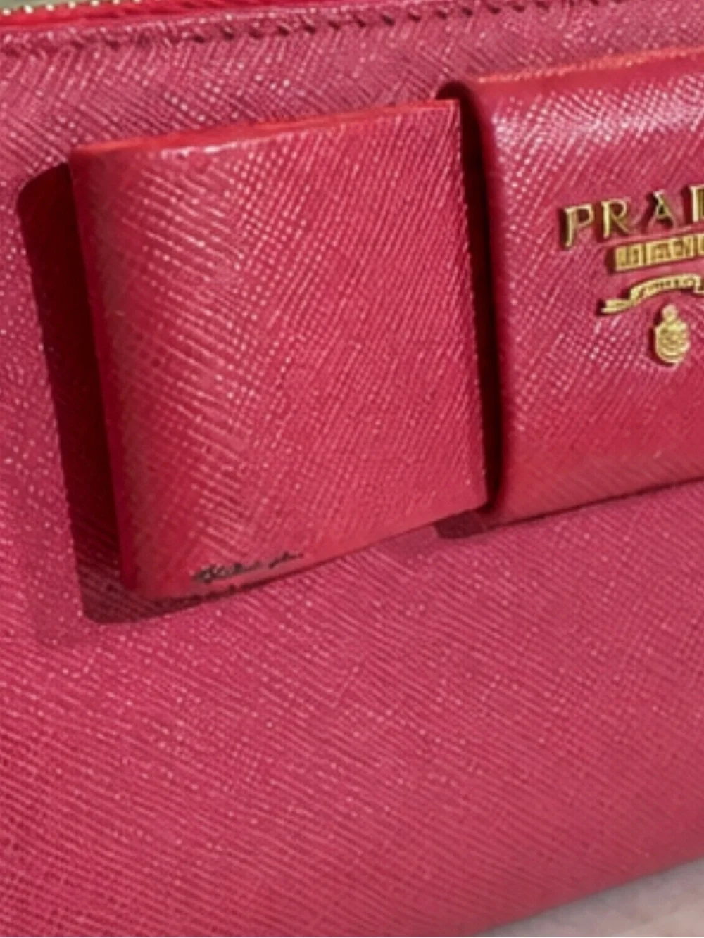 GUC Prada Pink Saffiano Metal Leather Bow Continental Wallet